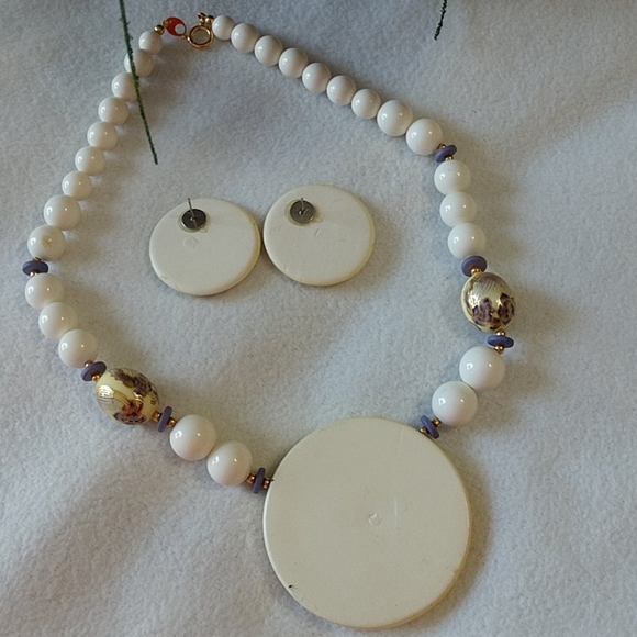 3 Pc Vintage Necklace Earring Set Porcelain Painted Beads Petunia Purple Pierced - Picture 8 of 8